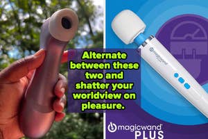 Hand holding purple satisfyer pro 2 and image of Magic Wand Plus vibrator, ad text suggests varying use for enhanced pleasure
