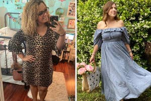 Two reviewers showcasing their outfits, one in a leopard print dress, the other in an off-shoulder maxi dress