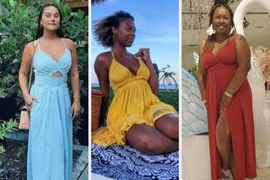Three reviewers posing in summer dresses suitable for shopping, each differing in style and cut