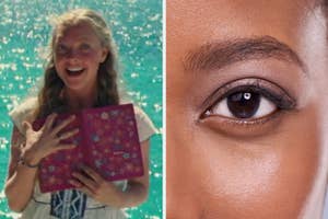 On the left, Amanda Seyfried standing in front of the sea as Sophie in Mamma Mia, and on the right,a closeup of an eye