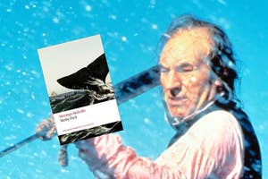 A man holds a spear with overlaid book "Herman Melville Moby Dick" with a whale on the cover, standing in front of a watery backdrop