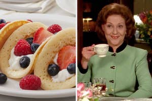 Left: Pancakes with berries and cream. Right: Character Emily Gilmore from "Gilmore Girls" sipping tea