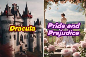 Split image: Left shows a castle labeled "Dracula," right shows a person in vintage dress labeled "Pride and Prejudice."