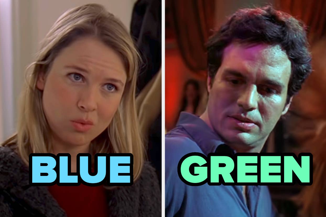 On the left, Bridget Jones from Bridget Jones's Diary labeled blue, and on the right, Matt from 13 Going on 30 labeled green