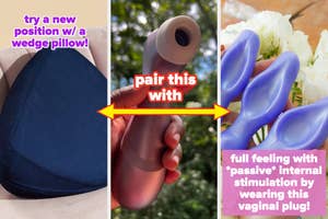Three images showcasing a wedge pillow, a handheld massager, and a vaginal plug, recommended for enhanced intimacy