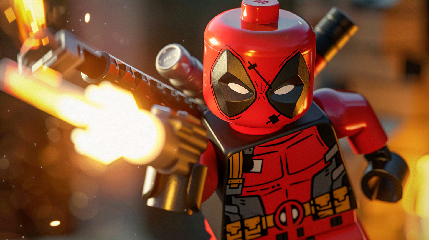 Lego figure of Deadpool with a weapon, mid-action pose