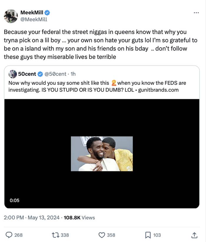 Meek Mill hugs a smiling man in yellow while expressing gratitude for support despite criticism