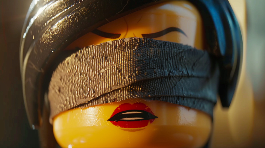 Close-up of a female LEGO figure with a blindfold on