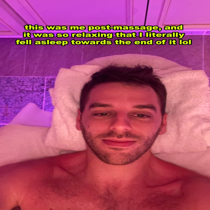 Person relaxing with eyes open under red light, text overlay shares their relaxing experience at a spa