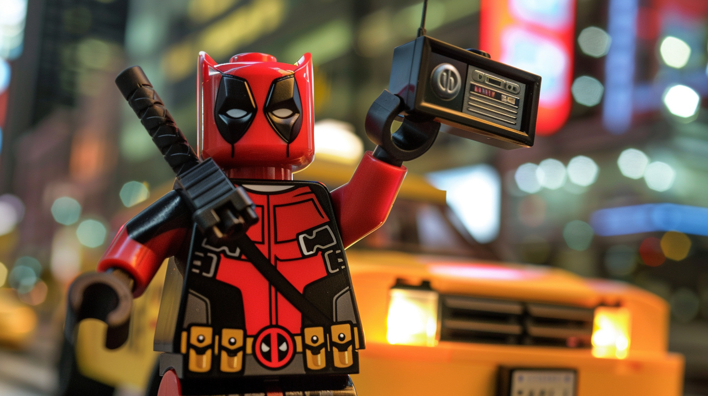 LEGO Deadpool character holding a boombox with a blurred city nightscape background