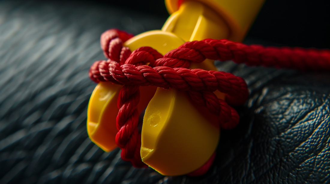 Close-up of a red rope tied in a knot around a yellow object with a black textured background