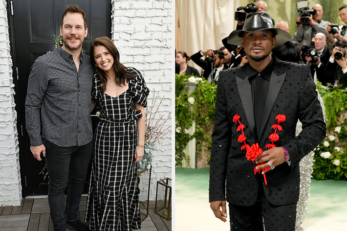 Two separate images: Left shows Chris Pratt and Katherine Schwarzenegger in casual checkered outfits. Right features Ne-Yo in a unique suit with red floral accents