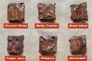Six brownies labeled with different brands such as Duncan Hines and Betty Crocker for comparison