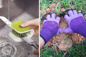 a utensil brush and gardening gloves