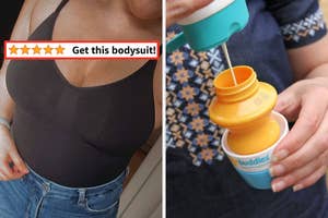 Person wearing a black bodysuit and a hand pouring sunscreen into a sunscreen roller
