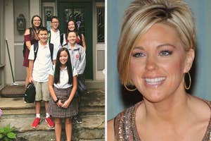 Five children in school uniforms posing for a photo; separate image of Kate Gosselin smiling