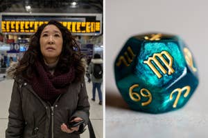 On the left, Sandra Oh in a train station as Eve on Killing Eve, and on the right, a Virgo symbol on a cube