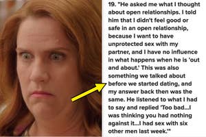 Woman with a concerned expression on her face next to a text panel about person whose partner asked about opening up the relationship then revealed they'd slept with six people