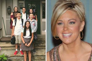 Five children in school uniforms posing for a photo; separate image of Kate Gosselin smiling