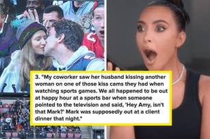 fans kissing on jumbotron during a game and shocked reaction captioned with story about catching someone cheating on jumbotron