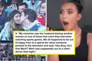 fans kissing on jumbotron during a game and shocked reaction captioned with story about catching someone cheating on jumbotron