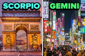 On the left, the Arc de Triomphe at sunset labeled Scorpio, and on the right, a Tokyo street at night labeled Gemini