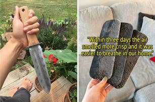 Person holding a large hori hori gardening knife next to herbs and a person holding three used ceiling fan filters with quote on the image: "within three days the air smelled more crisp and it was easier to breathe in our home"