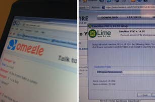 Two computer screens showing Omegle and LimeWire installation, reflecting early internet chat and file-sharing platforms
