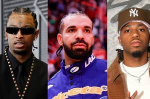 Three male celebrities at separate events; one in a black suit with braids, another in a blue racing jacket, third in a bomber jacket and cap