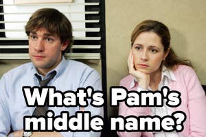 Jim Halpert and Pam Beesly from "The Office" appear side by side with text "What's Pam's middle name?"