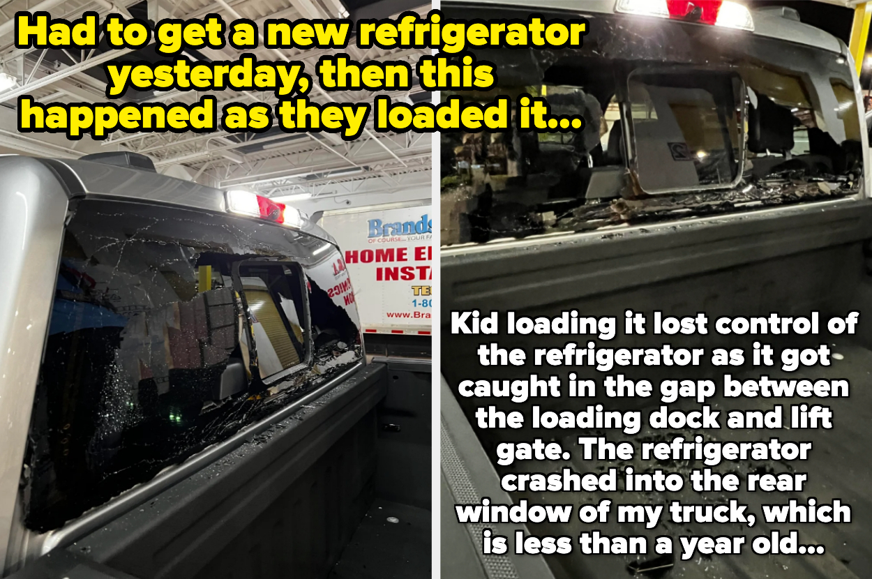 Smashed rear window of a truck with a refrigerator that caused the damage after falling from a loading dock