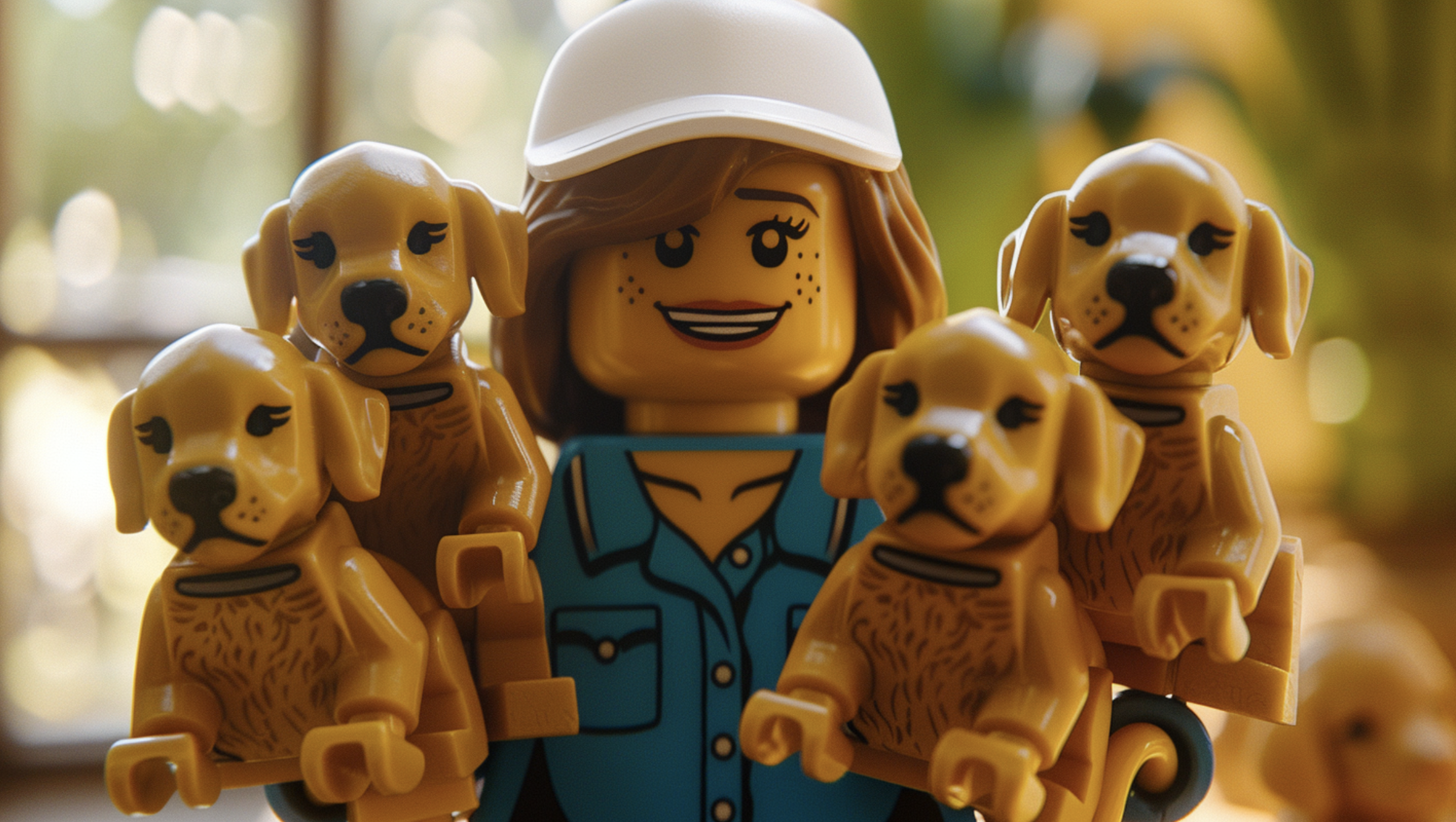 LEGO figure resembling Melissa McCarthy surrounded by four LEGO puppies