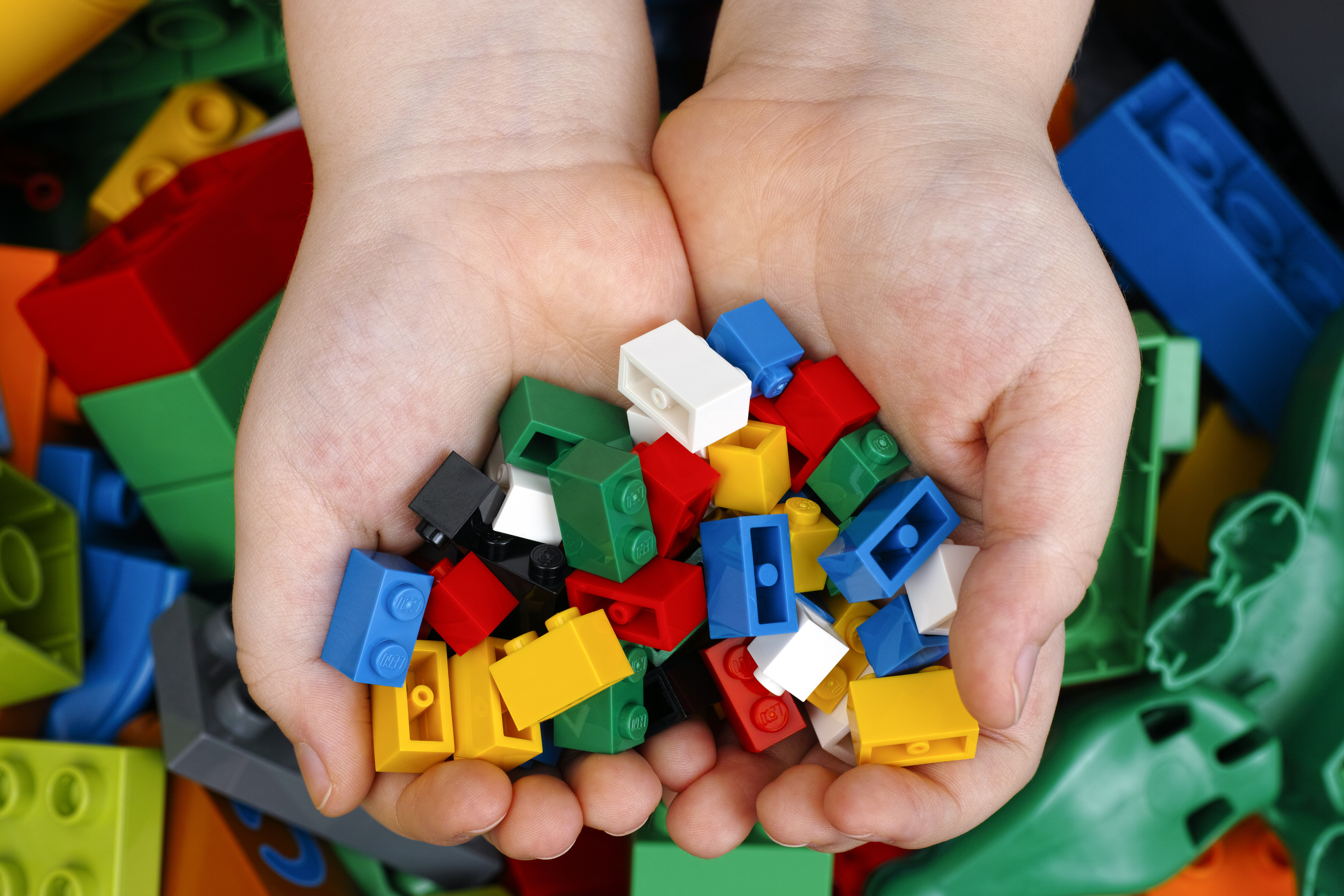 Two hands holding a variety of Lego bricks over a scattered assortment on a surface