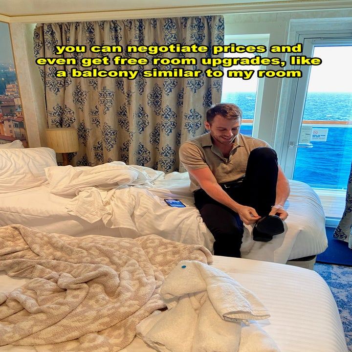 Person sitting on a bed by a balcony, text overlay discussing negotiating prices and room upgrades