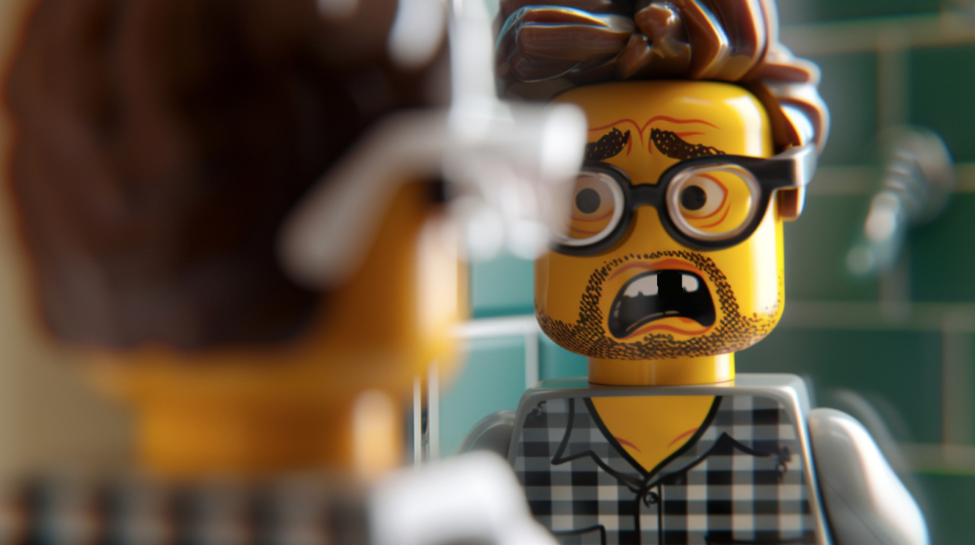 LEGO figure resembling Stu from The Hangover looking horrified in the mirror at his missing tooth