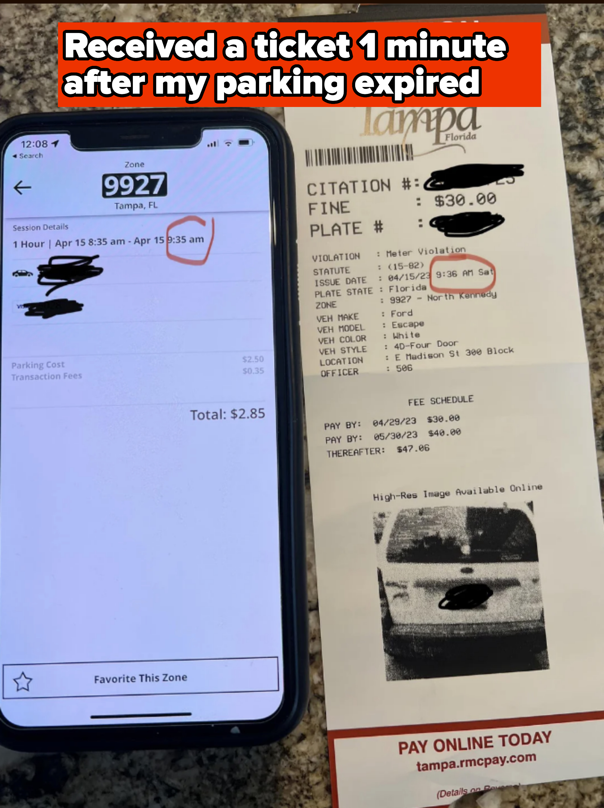 A parking citation from the City of Tampa next to a smartphone displaying a parking session with the "Zone 9927"