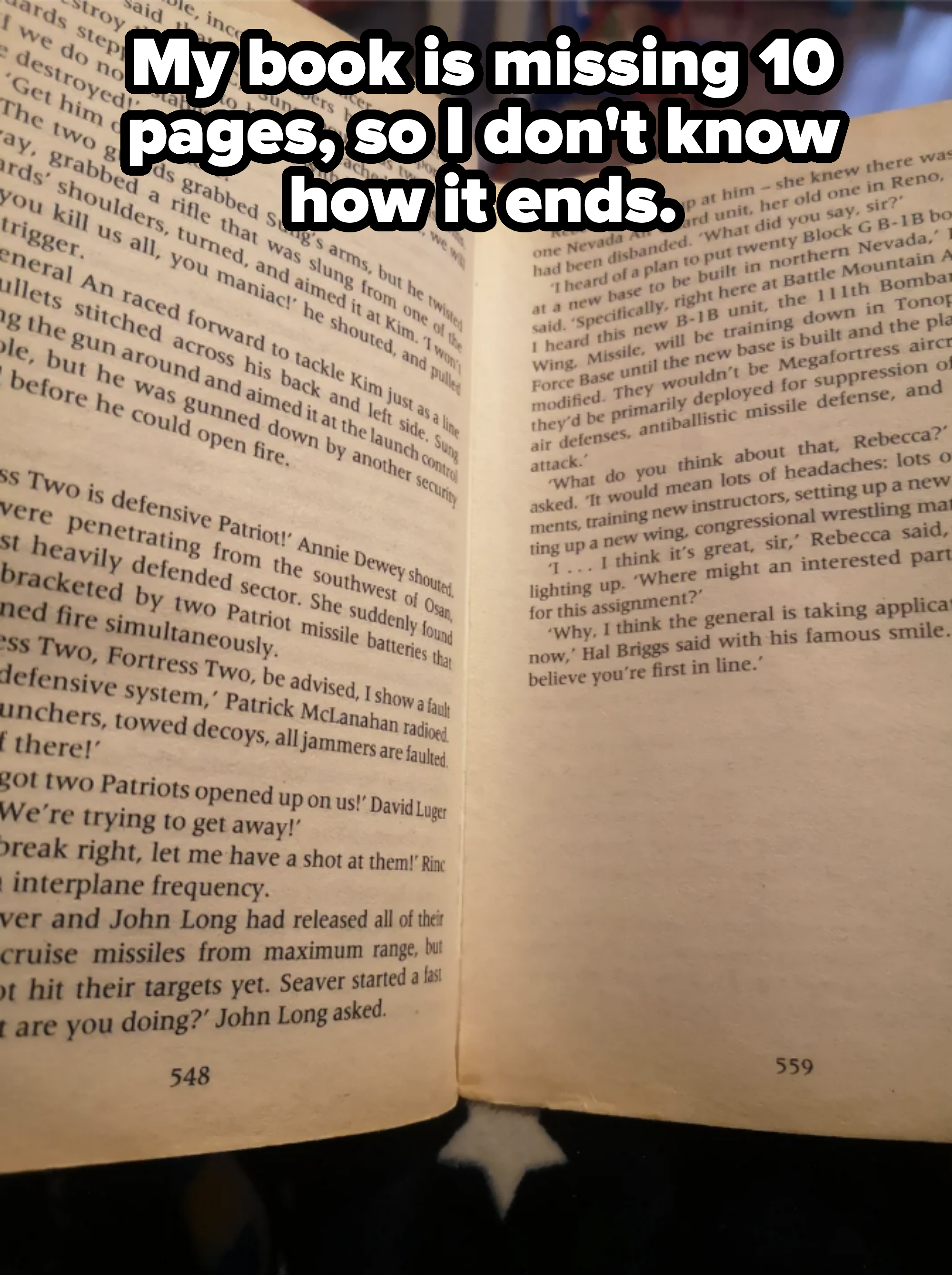 Text from two open book pages with overlapping content from a novel, making it hard to read