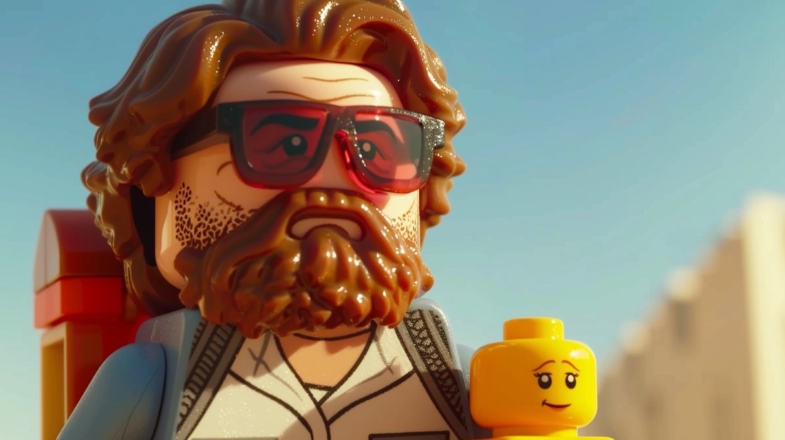 Lego figure resembling Alan from The Hangover, holding a baby Lego figure, against a sky background