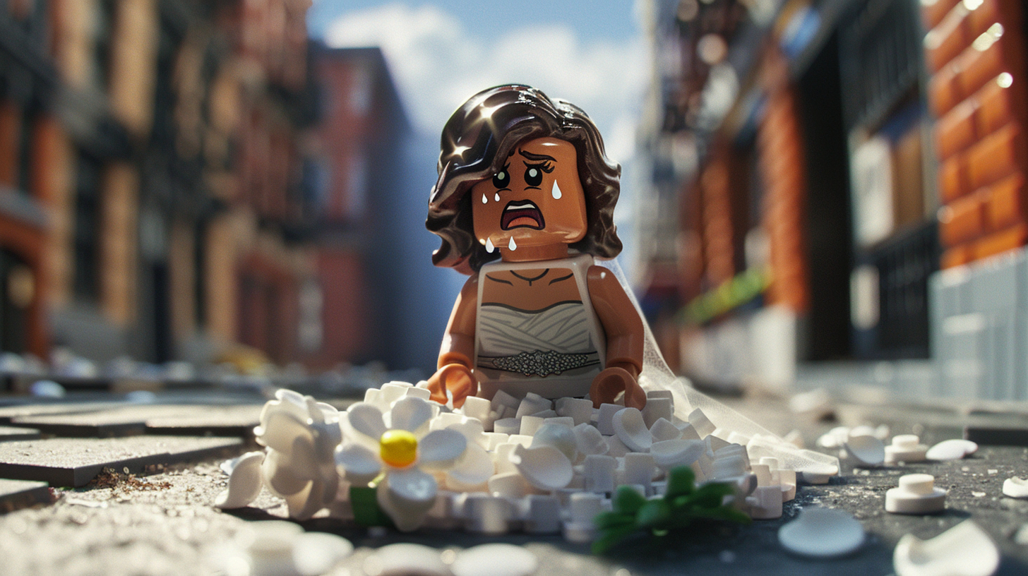 LEGO figure resembling Maya Rudolph sitting in the street in a wedding dress, crying