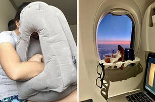 person using blow up wedge pillow, tray attached to plane window