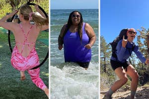 Three women in activewear enjoying outdoor activities