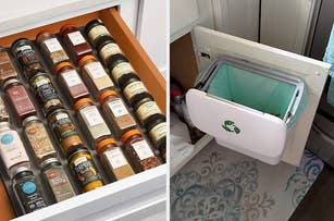 spice bottles lined up in an open kitchen drawer, cabinet door recycling trash can