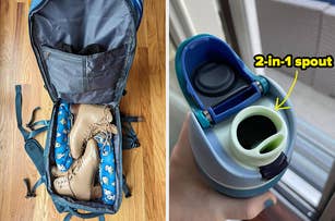 Open backpack with a pair of beige heels inside and a close-up of a water bottle's 2-in-1 spout feature