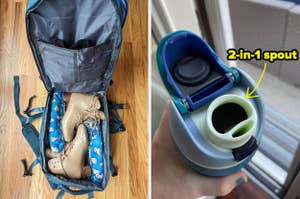 Open backpack with a pair of beige heels inside and a close-up of a water bottle's 2-in-1 spout feature