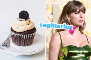 Side-by-side images: Left shows a cupcake with an Oreo on top, right is Taylor Swift in a sequined outfit with the word "Sagittarius" and a heart emoji