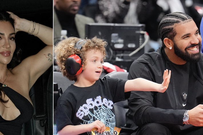 Two separate images: On the left, a woman poses with hand in hair. On the right, a man and child enjoy a sports game