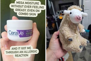 Two split images: left shows a hand holding a CeraVe cream jar; right shows a plush sheep toy held in a hand. Text praises product effectiveness