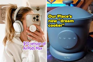 Person taking a selfie wearing headphones and holding a phone; side-by-side with an image of the "Our Place" cooker