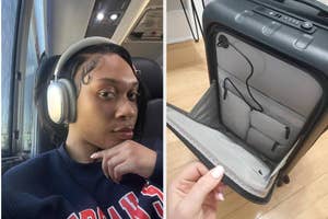 person wearing headphones; an open suitcase with a netted compartment and a cable