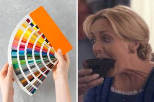 On the left, someone holding a bunch of color swatches, and on the right, Jane Krakowski eating a slice of chocolate cake as Emily on Dickinson